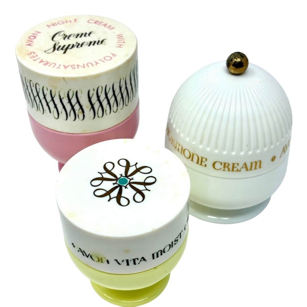 Avon Glass Cosmetic Jars Empty Collectible 60’s-70’s White Pink Yellow Bathroom